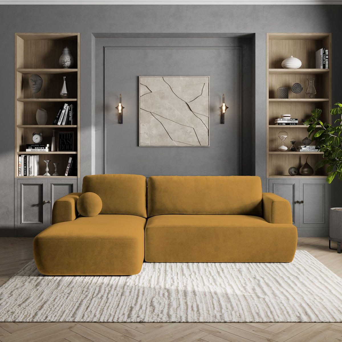 ECKSOFA SENTI K L-S Gelb Plüsch-Stoff mit Schlaffunktion - Gelb/Schwarz, Holz/Kunststoff (246/148cm) - MASSENO