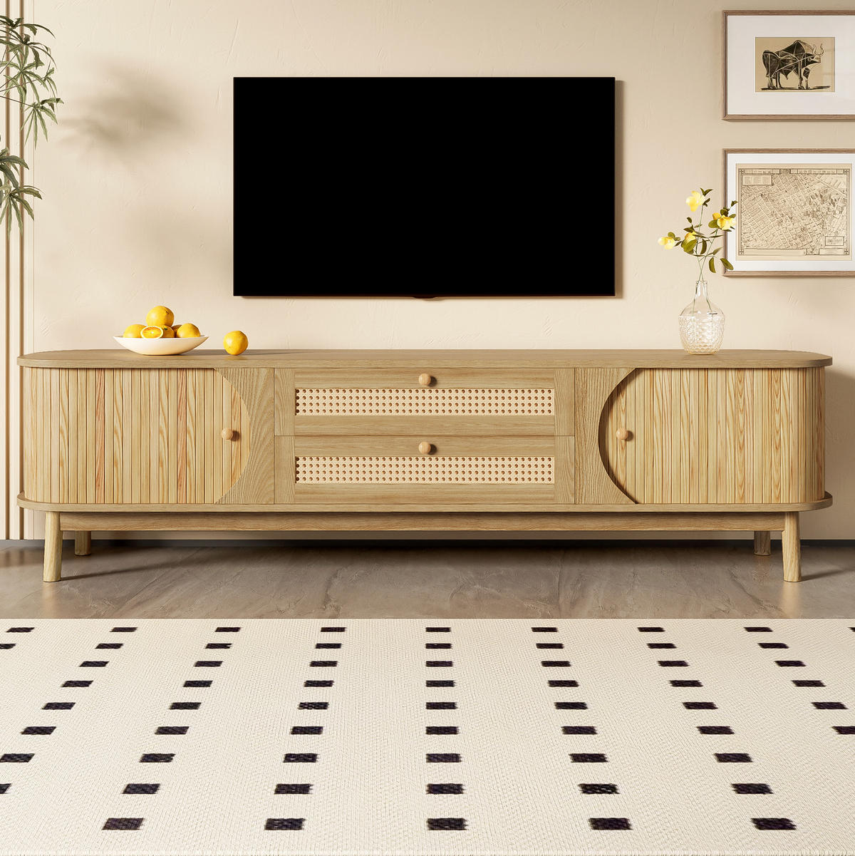 LOWBOARD 170/39.5/46 cm natur aus Massivholz und Spanplatte mit Rattanfronten - Eichefarben, Holzwerkstoff (39.5/46/170cm) - OKMYHOME