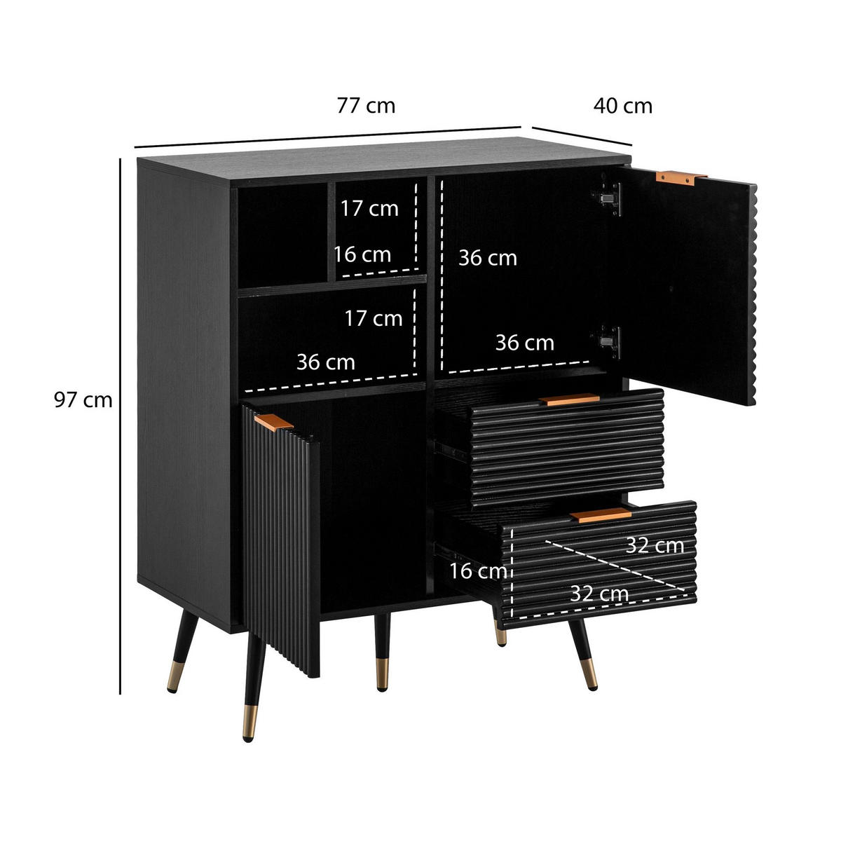 SIDEBOARD – Schwarz/Eiche-Dekor, 77x97x40 cm, mit Türen, Schubladen, Regal, Metallbeine - Goldfarben/Schwarz, Holzwerkstoff/Metall (77/97/40cm) - KADIMA DESIGN