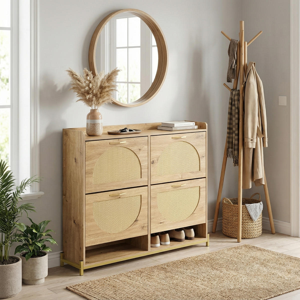 SCHUHKIPPER 109 cm in Holz-Optik & Rattan - Eichefarben, Holzwerkstoff (108/100/24cm) - Urban Meuble
