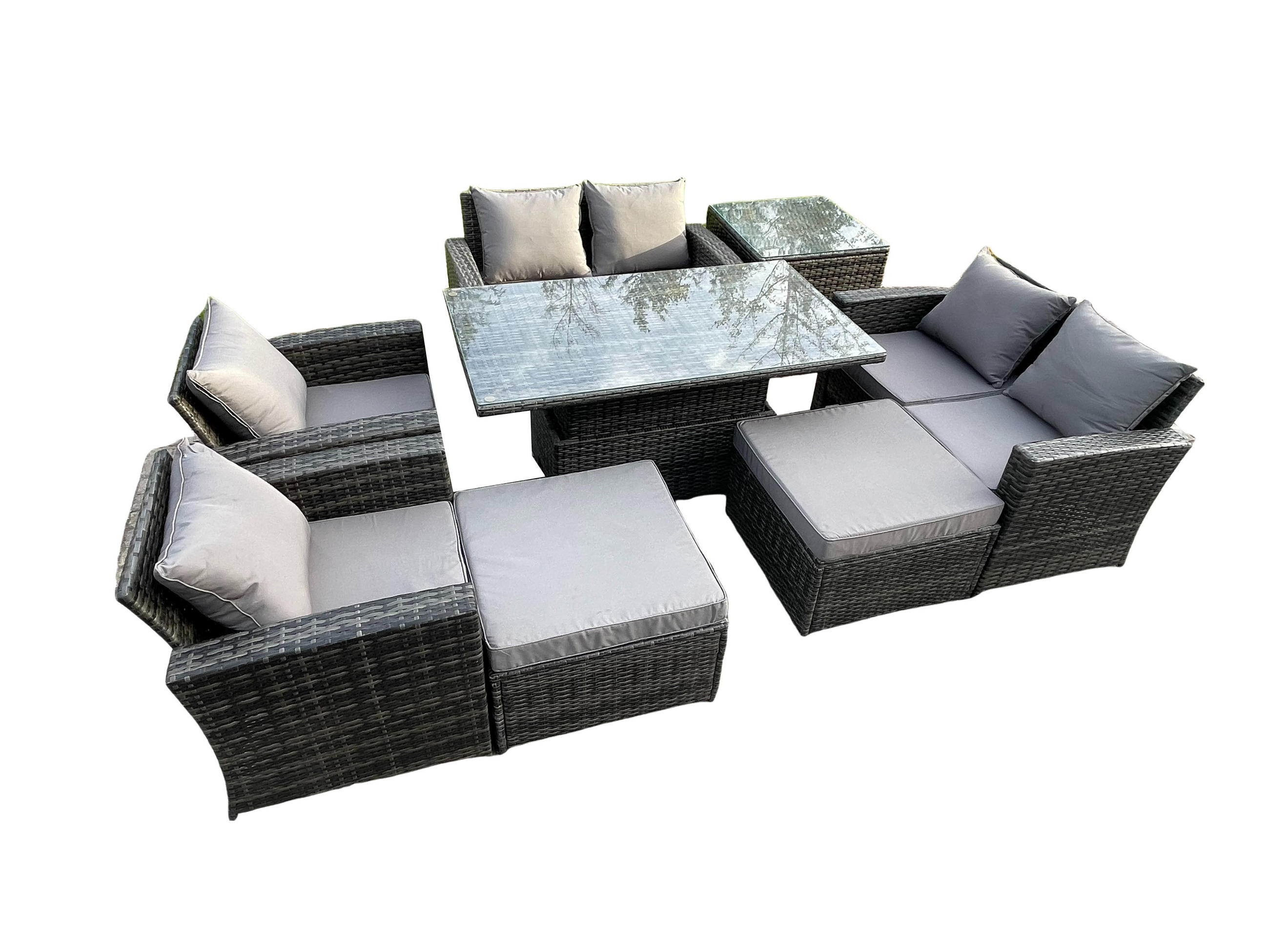 GARTENMÖBEL SET mit höhenverstellbarer Tisch Polyrattan Dunkelgrau 8-Sitzer - Dunkelgrau, Metall - Fimous