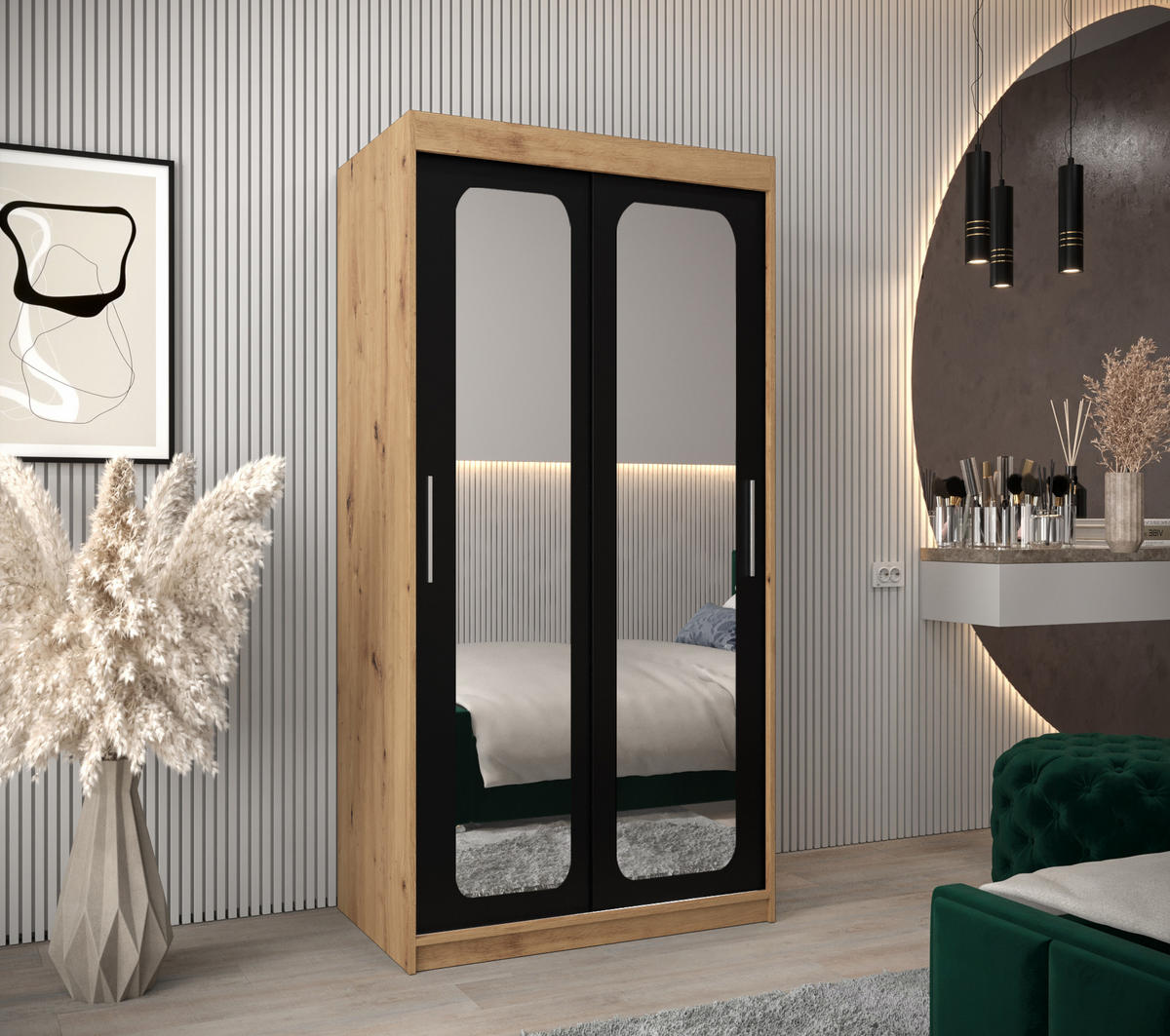 SCHWEBETÜRENSCHRANK 200/100/62 2-türig - Silberfarben/Schwarz, Holz/Kunststoff (100/200/62cm) - Abiks Möbel