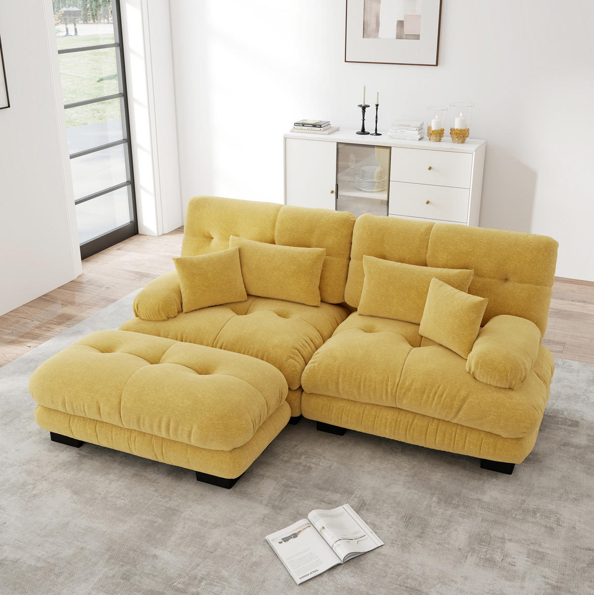 ECKSOFA mit modularer Ottoman, breiten Armlehnen und Zierkissen aus Chenille, Gelb - Gelb, Textil (220/145cm) - Redom