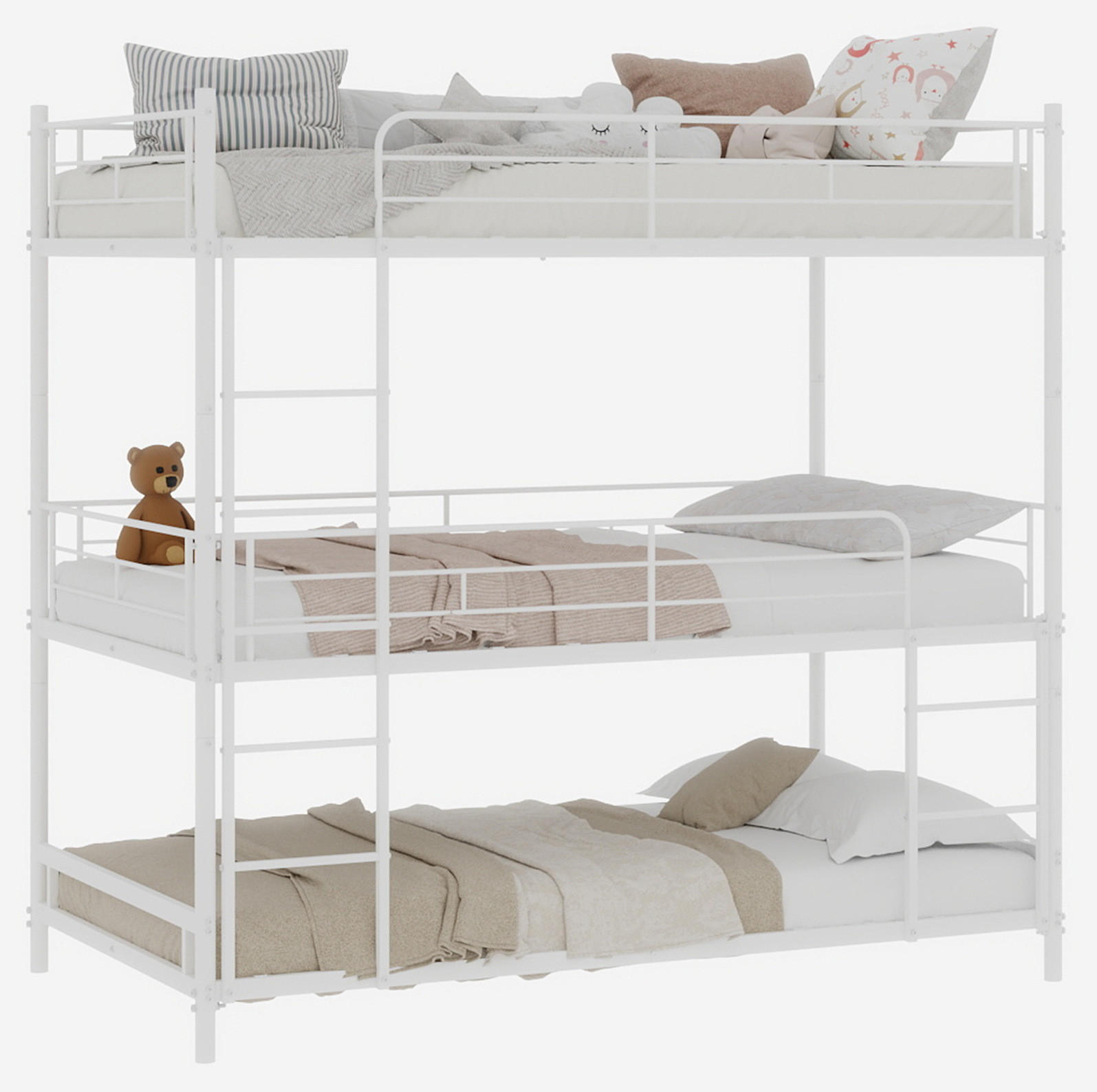 DREIFACH-ETAGENBETT 90/180 cm weiß aus Eisen mit Leiter und Rundum-Schutzgeländer - Weiß, Metall (90/190cm) - OKWISH
