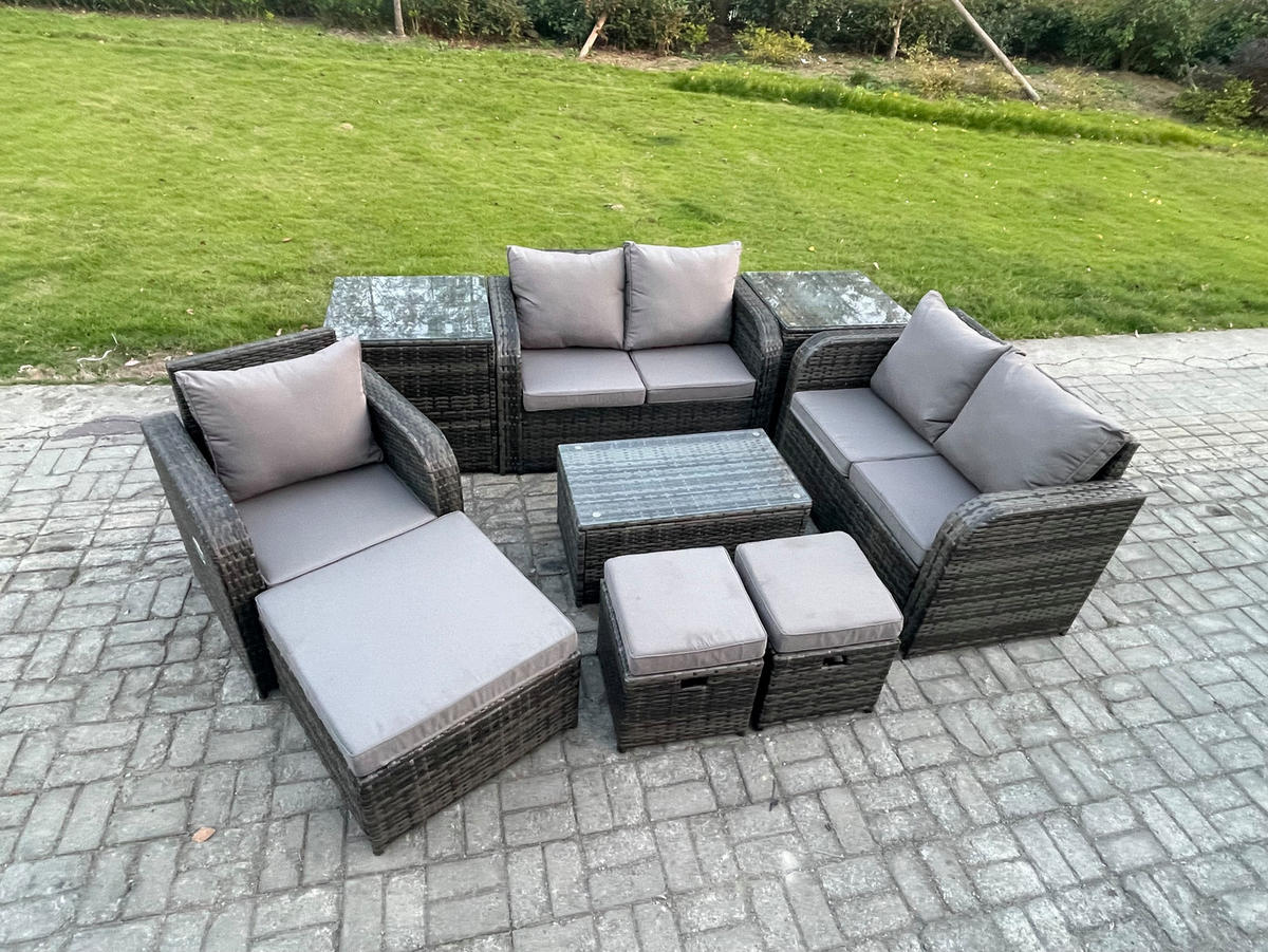 LOUNGESOFA-SET Polyrattan Dunkelgrau 8-Sitzer - Dunkelgrau, Metall - Fimous