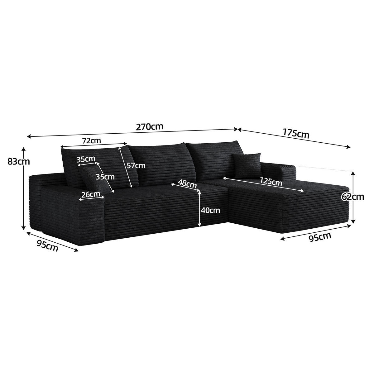 ECKSOFA 270/175/83 cm in Schwarz aus Cordstoff, modular und bequem - Schwarz, Textil (175/270cm) - Flora Grace