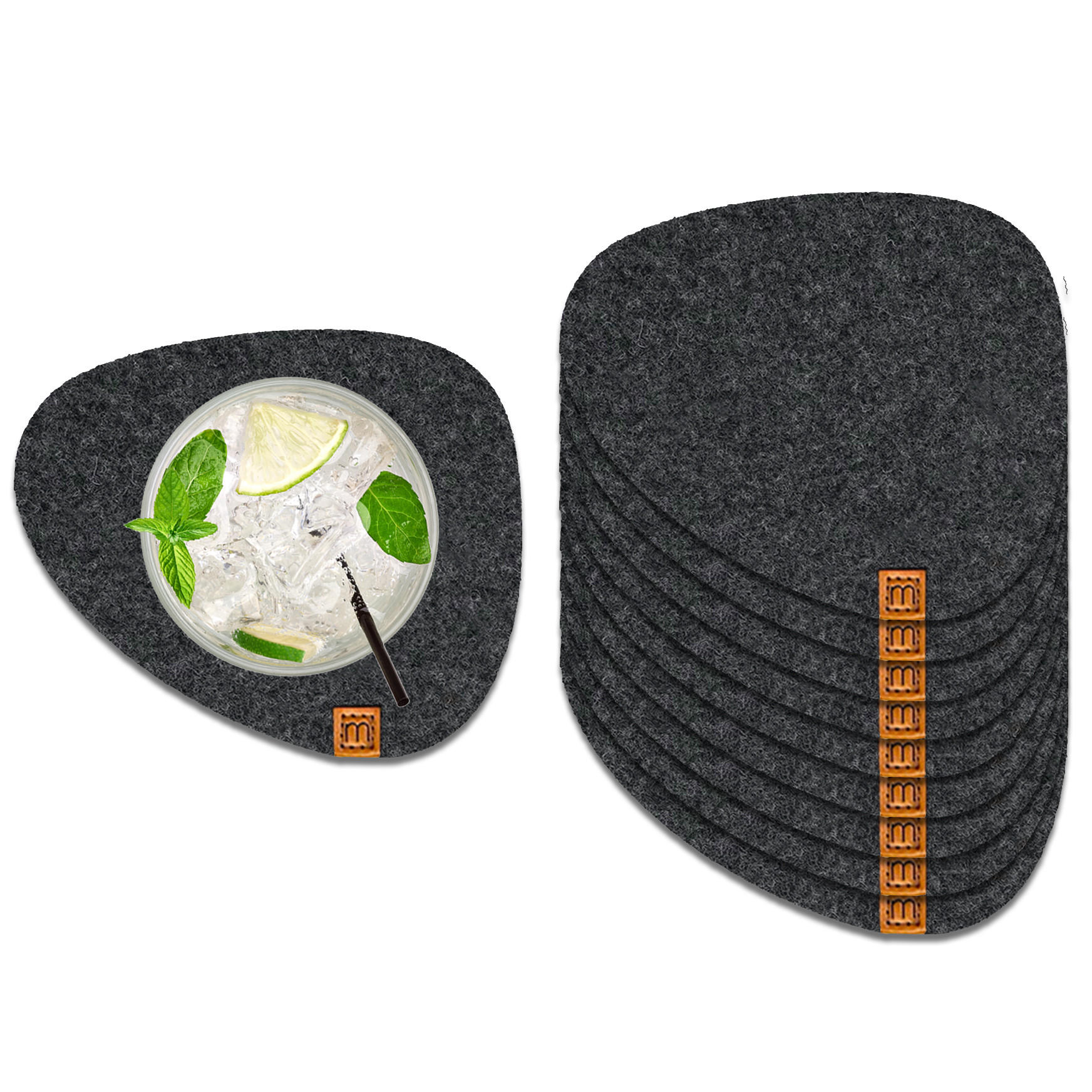 GLASUNTERSETZER mit Lederlabel 10er-Set - Schwarz, Textil (11/13cm) - Miqio Design