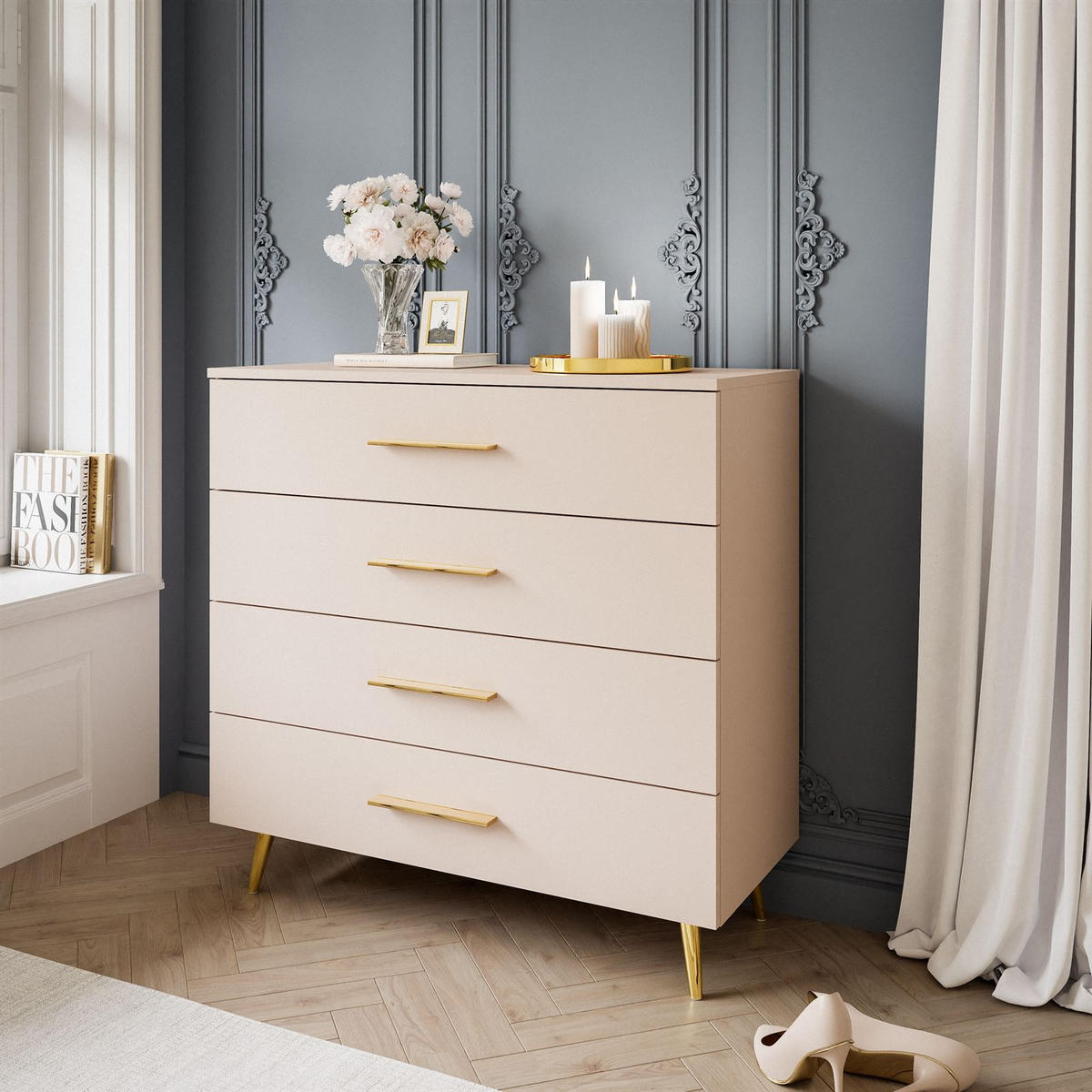 KOMMODE AURA KASCHMIR 4S mit Schubladen Goldene Beine und Griffe - Kaschmir/Goldfarben, Holzwerkstoff (95/90/40cm) - Lookway
