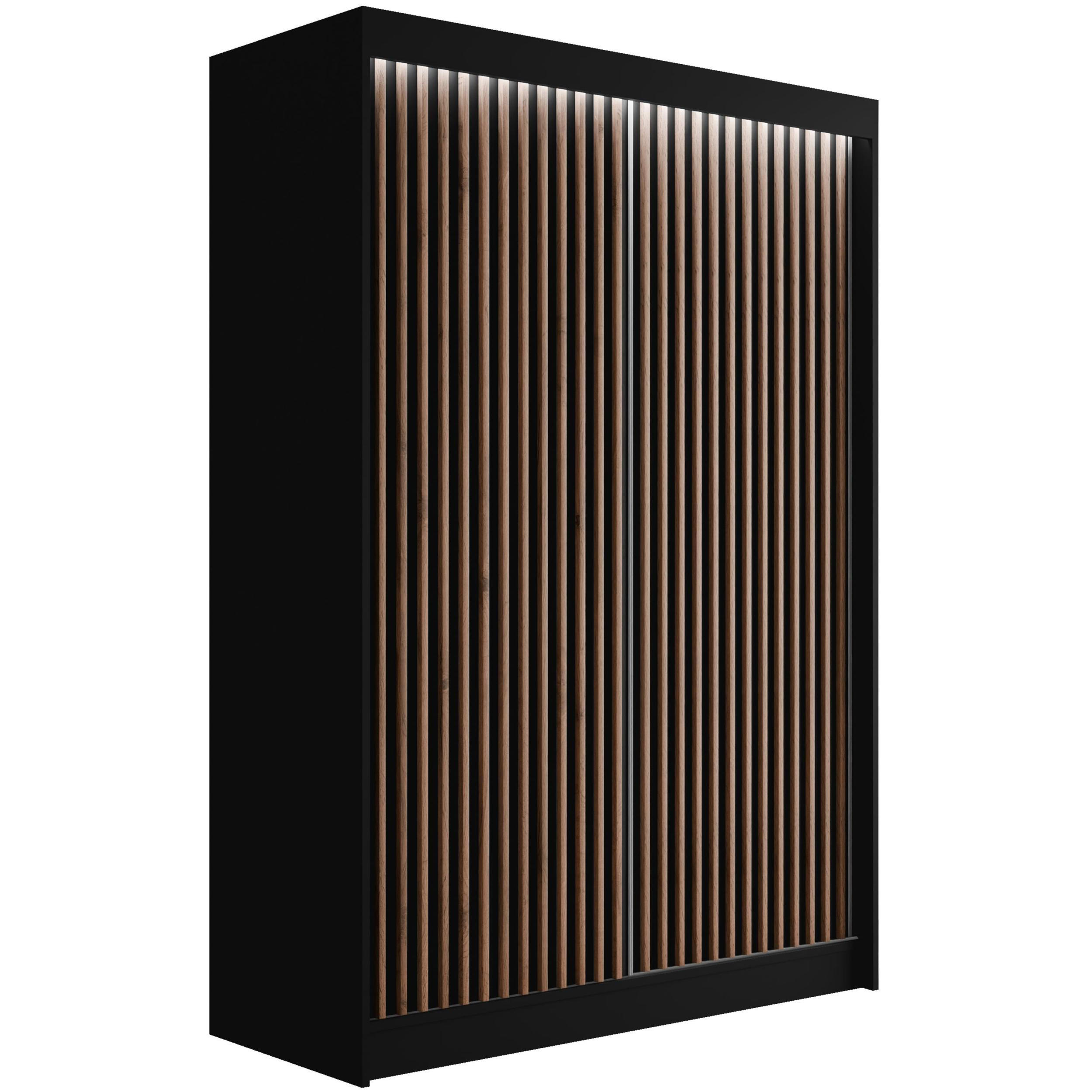 ALTDECOR ŠATNÍ SKŘÍŇ s LED osvětlením, lamelové posuvné dveře VILANv2 – 120 cm černá + lamely dub wotan