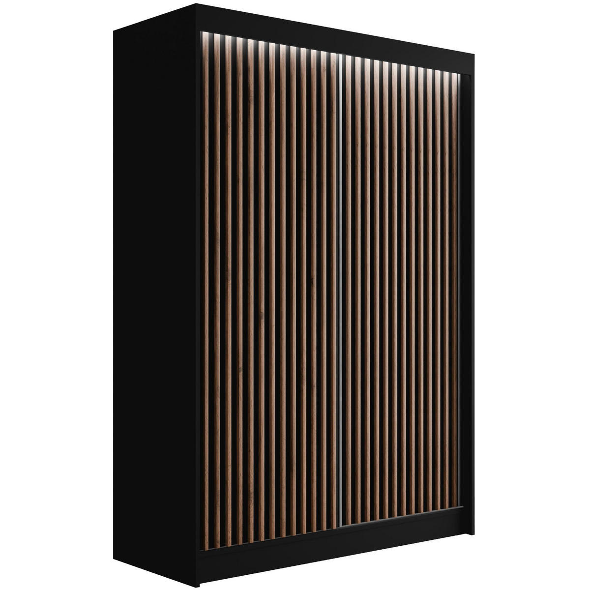 KLEIDERSCHRANK mit LED, Lamel-Schiebetüren VILANv2 - 150 cm Schwarz + Lamelle Eiche Wotan - Eiche Wotan/Schwarz, Holzwerkstoff (150/215/61cm) - ALTDECOR