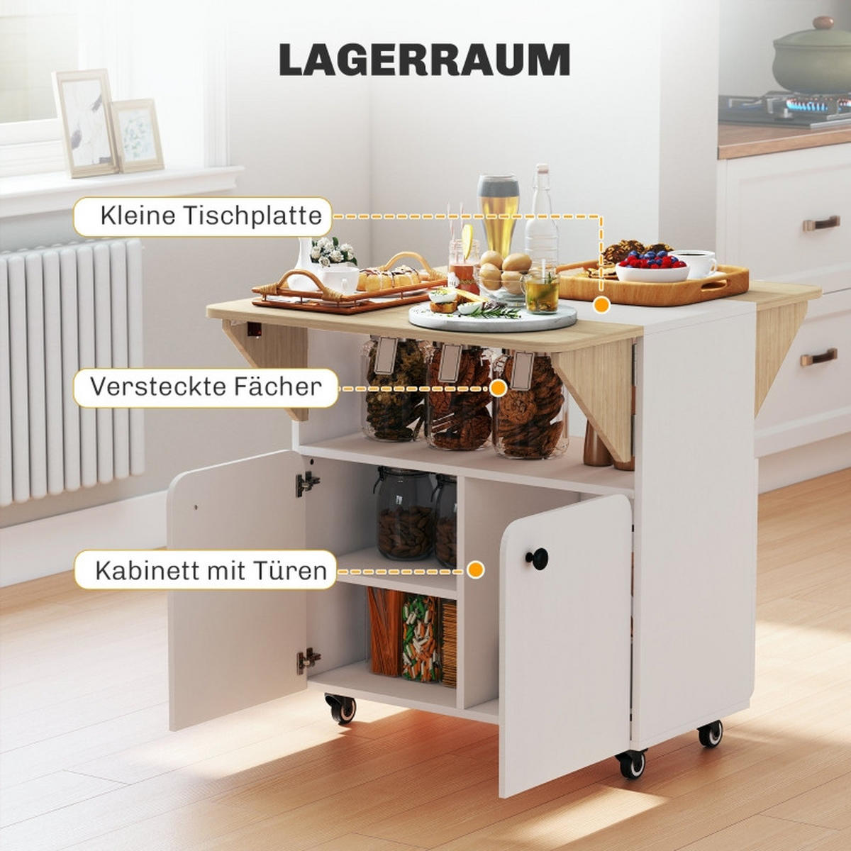 KLAPPTISCH 83/70/75 cm, seitlich ausklappbar, mit Rollen und Stauraum - Weiß, Holz (70/83/75cm) - BEAOK