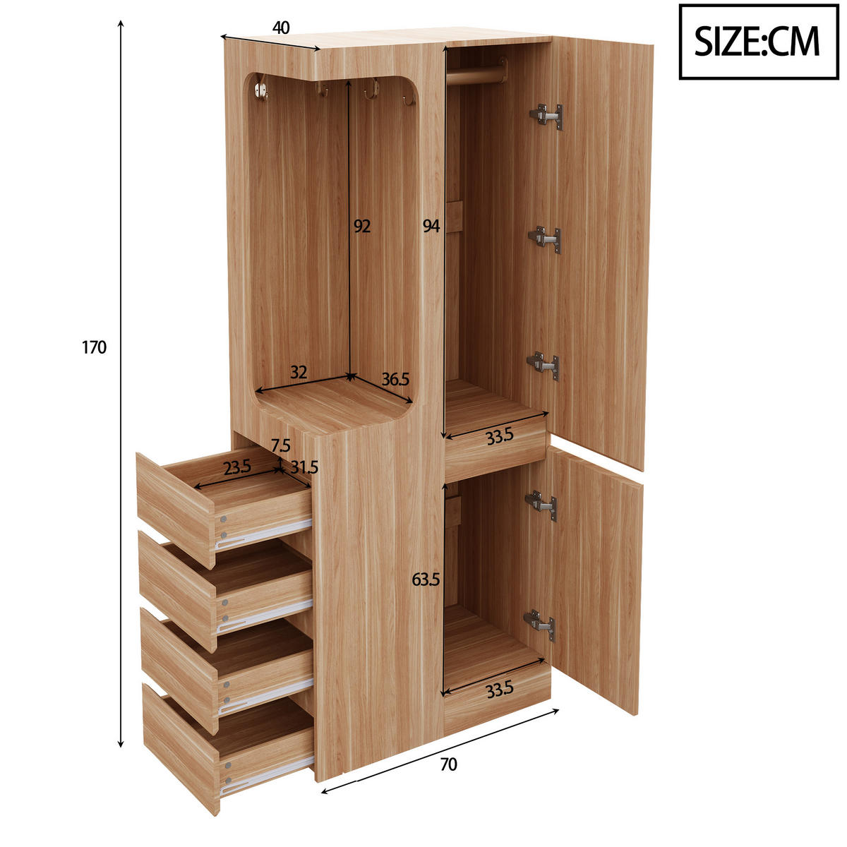 KLEIDERSCHRANK 70x40x170cm 1 Tür Schubladen Holz - Naturfarben, Holz (70/170/40cm) - FLIEKS