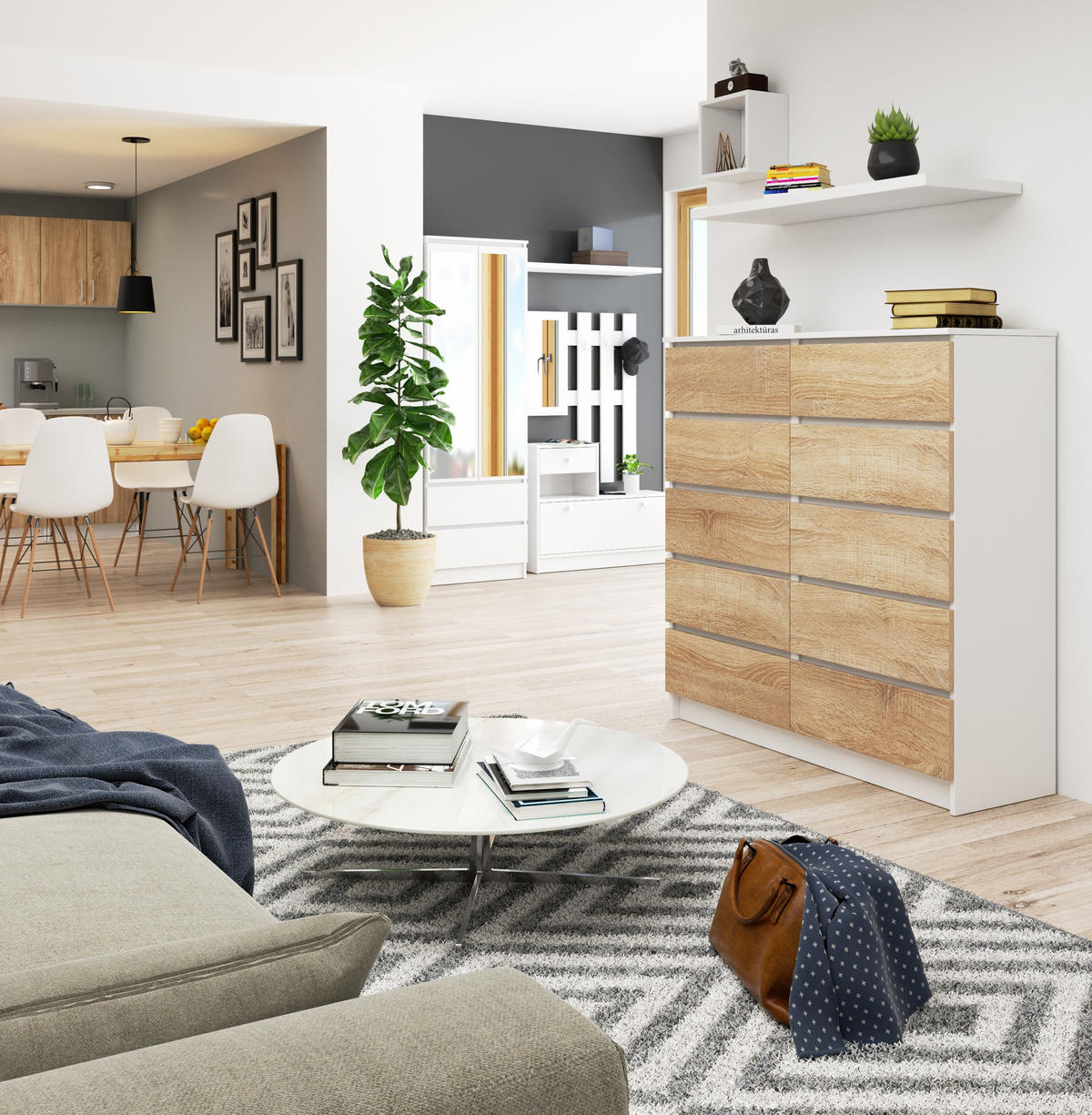 KOMMODE Weiß, Eiche Sonoma 121/120/40 - Weiß, Holzwerkstoff (120/121/40cm) - RAUMHIRSCH FURNITURE