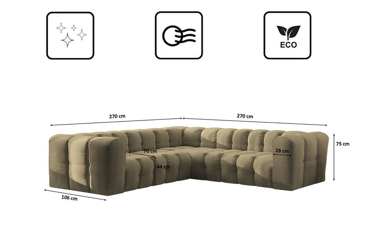 ECKSOFA Corner Mit Steppung BALOO, Chenille-Stoff Moly, Olive - Olivgrün, Holz (270/270cm) - Kaiser Möbel