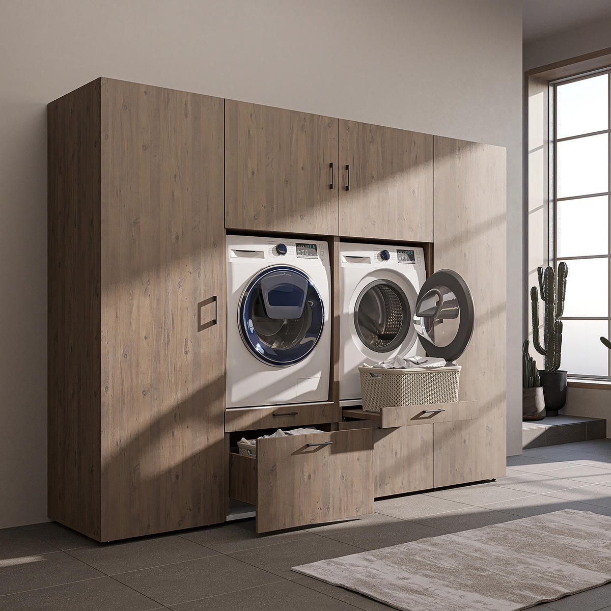 WASCHMASCHINENSCHRANK Serie 2 254cm Breit, 205cm Hoch - Eichefarben, Holzwerkstoff (254/205/67cm)