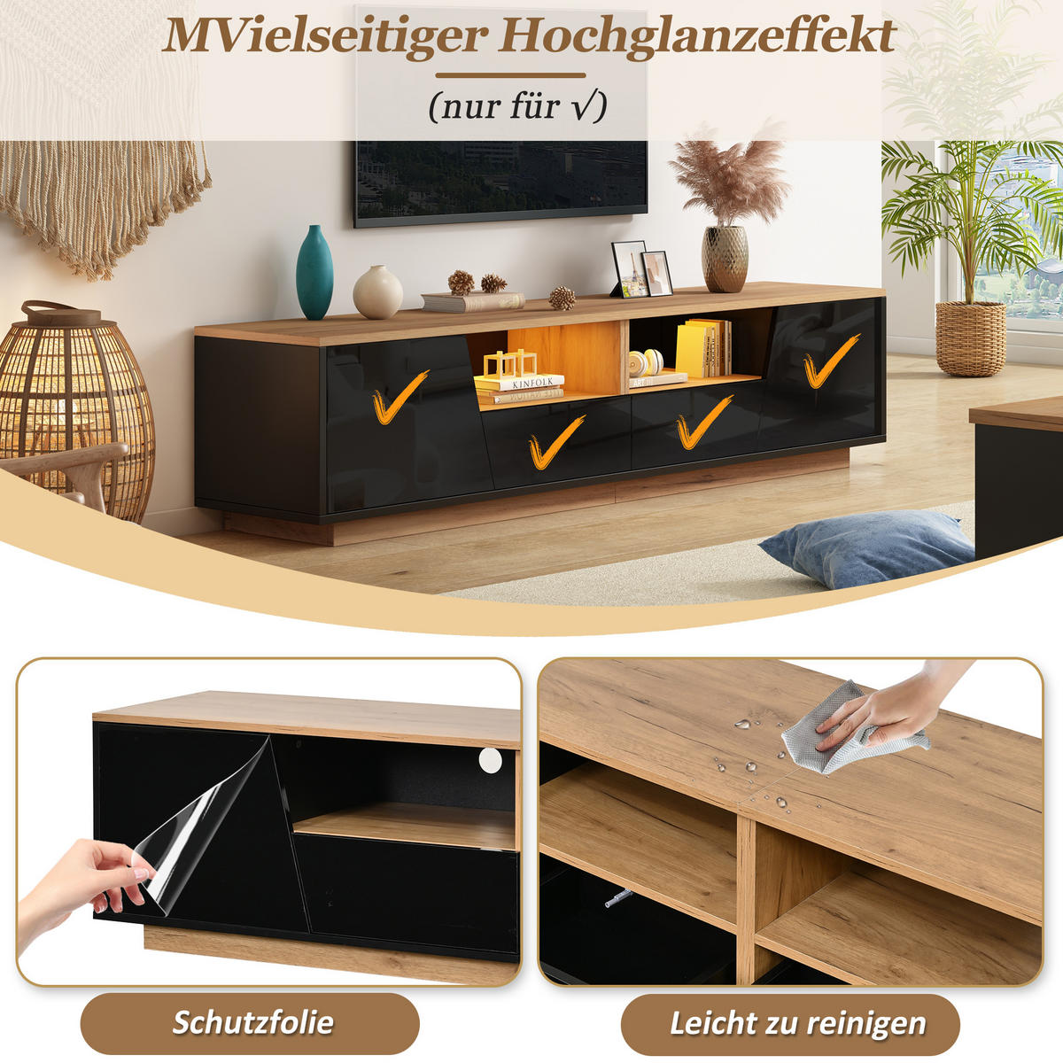 TV-SCHRANK LED Schwarz Holz 2 Schubladen 2 Türen 75 Zoll 180cm - Schwarz, Holzwerkstoff (180/46/40cm) - FLIEKS
