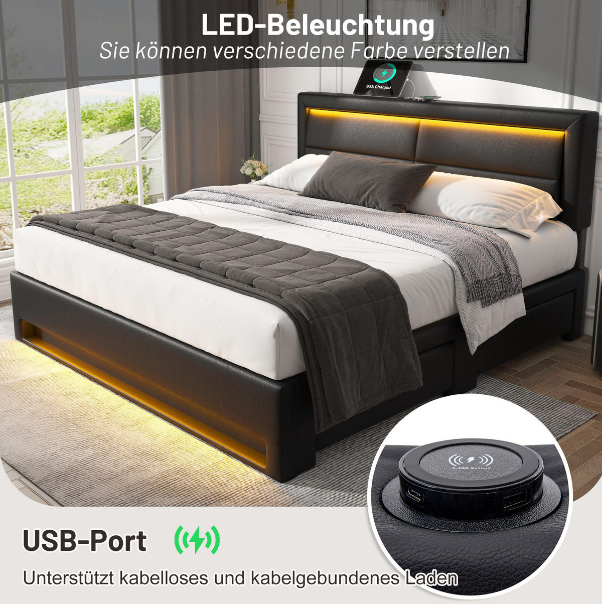 POLSTERBETT 140/200 cm Schwarz aus PU mit LED-Beleuchtung und 4 Schubladen - Schwarz, Kunststoff (140/200cm) - OKMYHOME