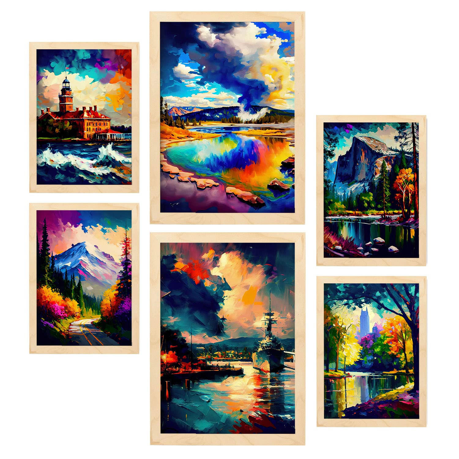 POSTER Set Mit 6 Wolken Im Ölgemälde Stil A3 & A4 Rahmen Aus Hellem Holz - Beige, Papier (29/3cm) - Nacnic