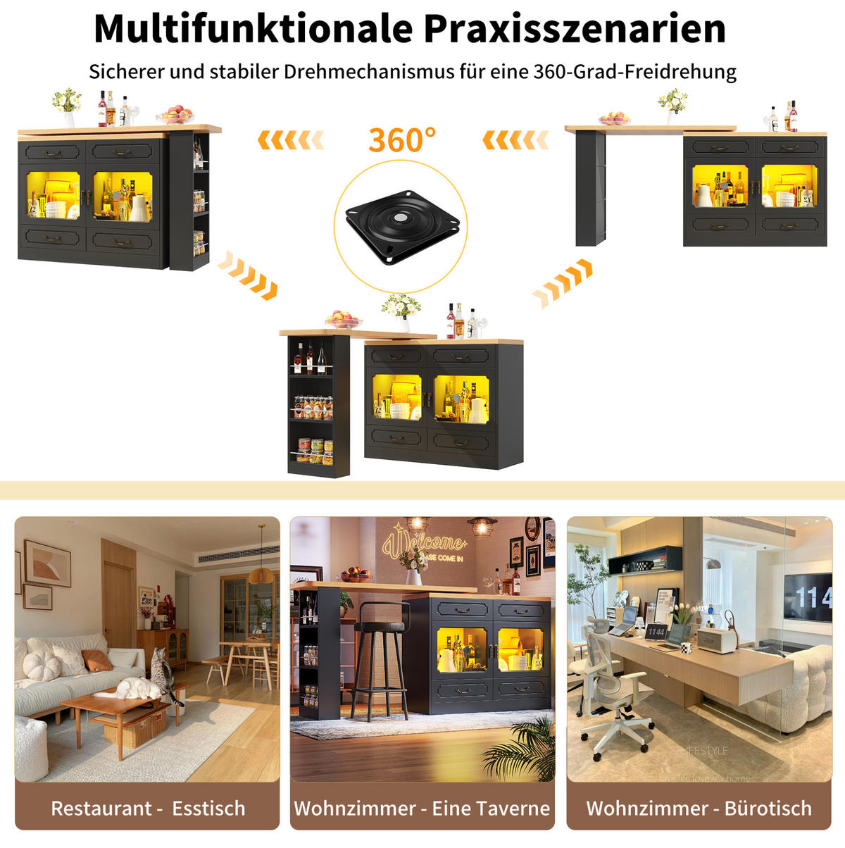 BARTISCH Ausziehbarer aus MDF mit 360° Drehplatte & LED, 135-203/39/92,8 cm, Schwarz - Schwarz, Holzwerkstoff (39/92.8/135cm) - Redom