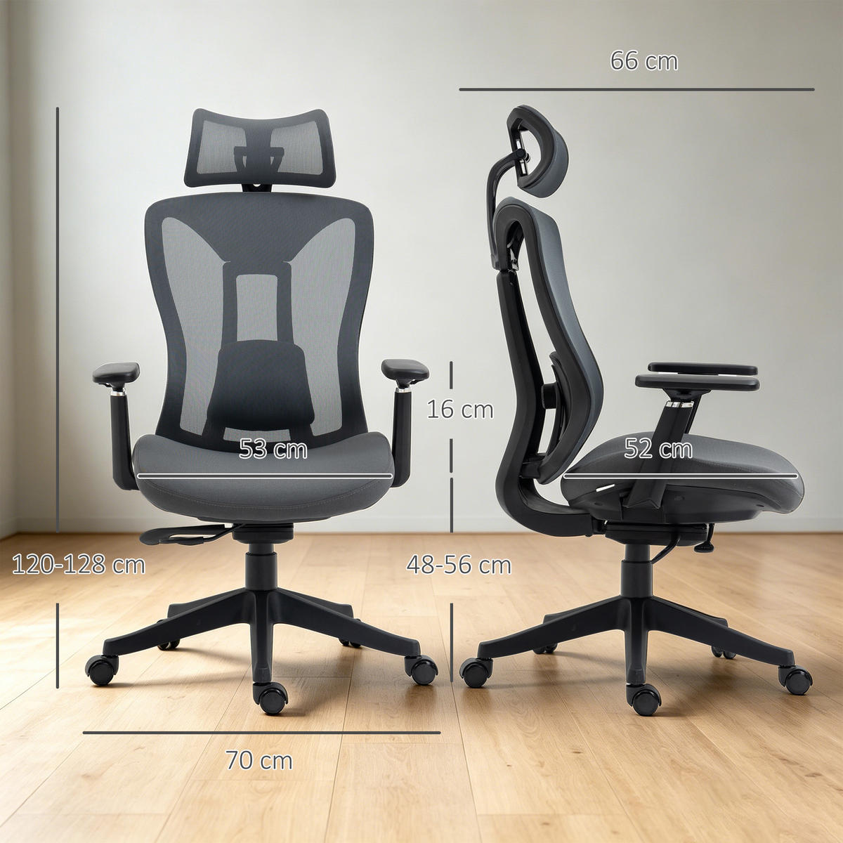 BÜROSTUHL, Ergonomischer Schreibtischstuhl, Computerstuhl mit Liegefunktion - Grau, Kunststoff (66/128/70cm) - Vinsetto