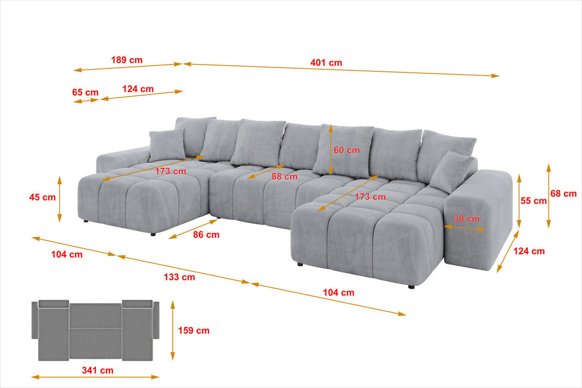 WOHNLANDSCHAFT ENIL-U 401x189x68 Hellgrau Velours - Hellgrau, Holzwerkstoff/Kunststoff (401/68/189cm) - ALTDECOR