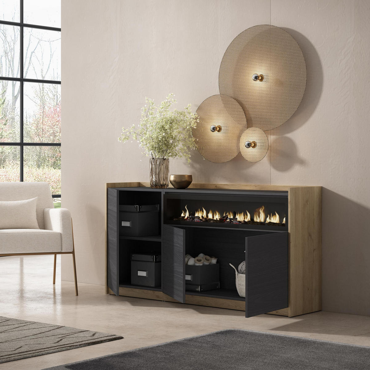 SIDEBOARD, Highboard, Schwarz Eiche, Elektrokamin, 156/37/80cm - Schwarz, Holzwerkstoff (156/80/37cm) - Skraut Home