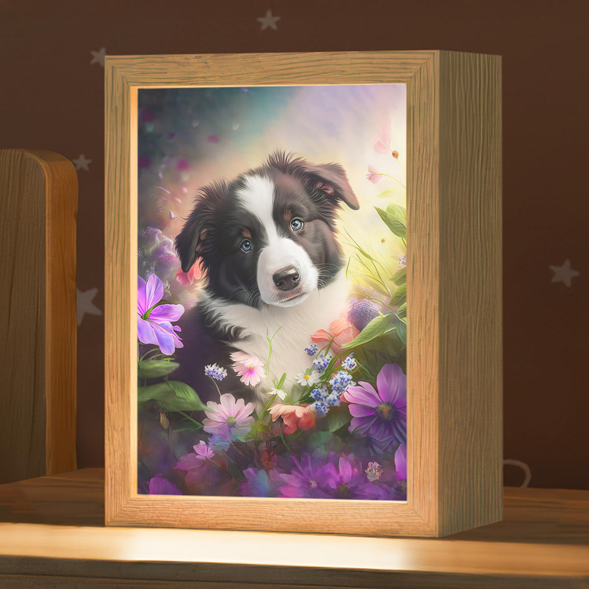 NACHTTISCHLAMPE Welpe - Sonne - Blumen - Natur - Border Collie - Hund 15x20 cm - Violett, Holzwerkstoff (8/15/20cm)