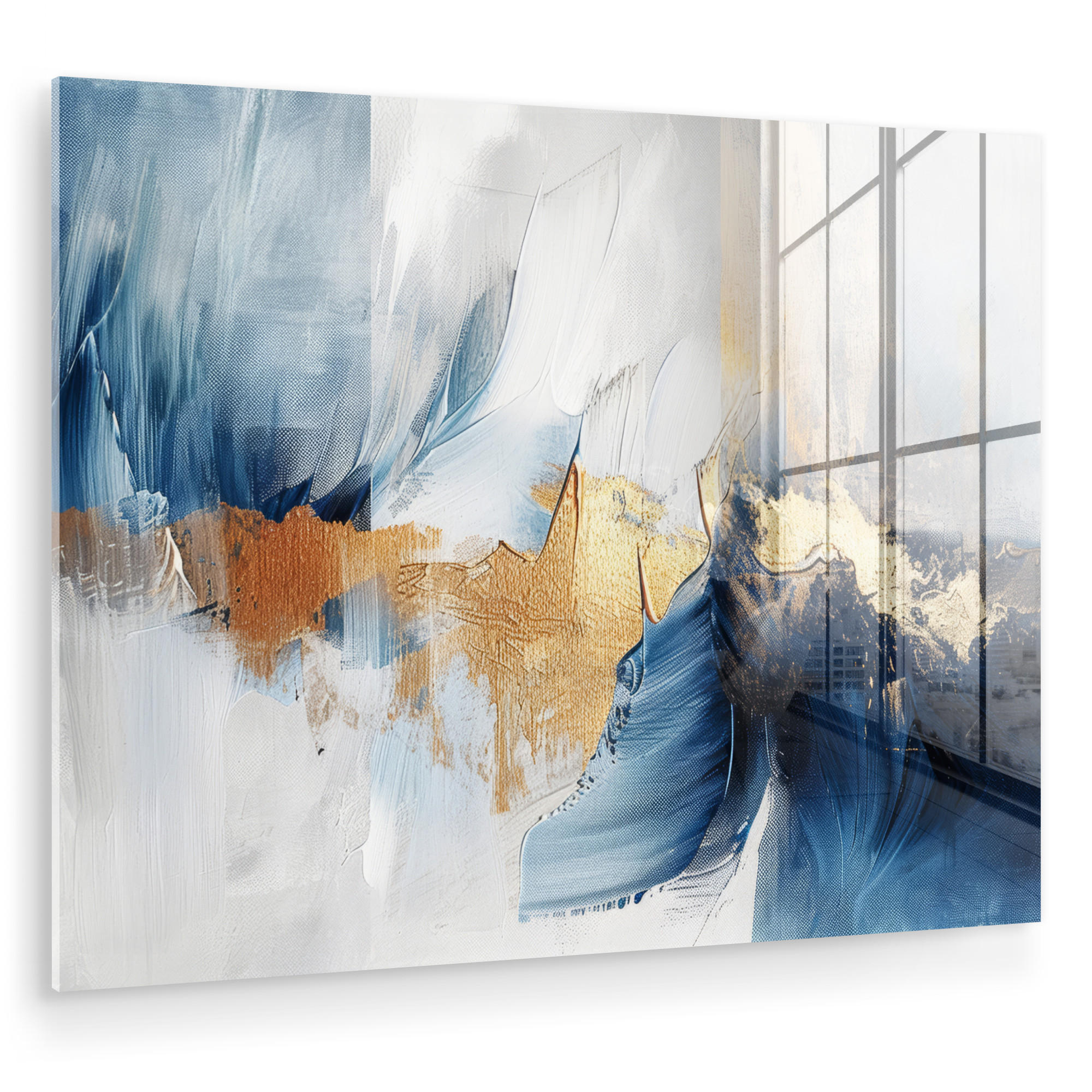 ACRYLGLASBILD Gold - Blau - Aquarell - Kunst - Modern 80x60 cm - Hellblau, Glas (80/60cm) - MuchoWow