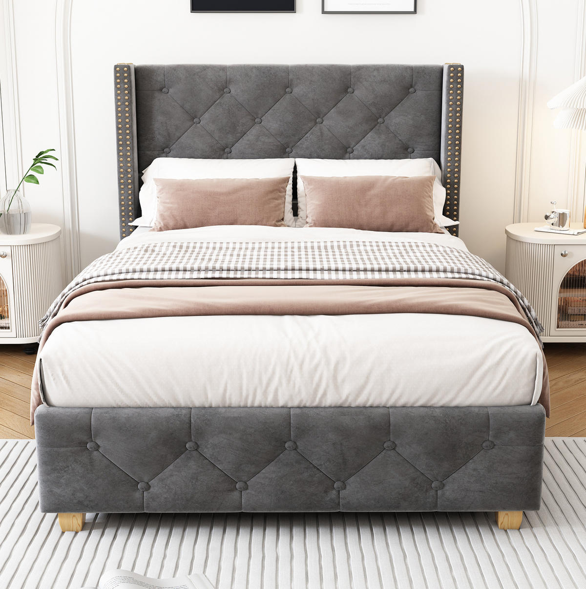 POLSTERBETT 90/200 cm Grau mit Lattenrost und Kopfteil, Samt und Nieten - Grau, Textil (90/200cm) - OKWISH