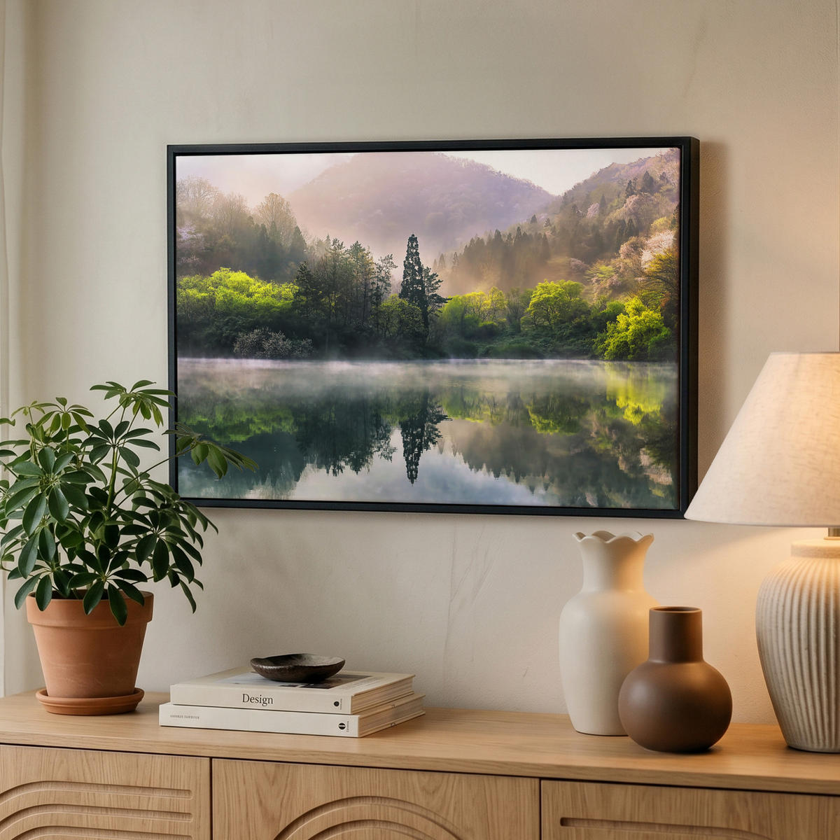 LEINWAND Bilder mit Rahmen - Natur - Bäume - Berge - See - Wasser - 60x40 - Hellgrün, Textil (60/40cm) - MuchoWow