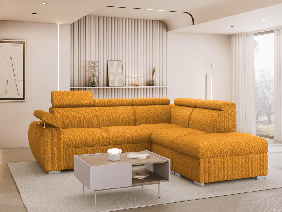 ECKSOFA Boston 2RR1P, Seite: Rechts 2R+R+1P(65)+PUFAP - Currygelb/Silberfarben, Holz/Textil (260/230cm) - MIRJAN24