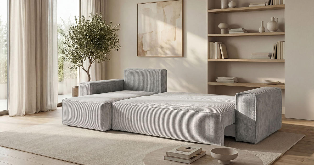 ROHOVÁ pohovka CALIFORNIA MINI levá šedá manšestr Poso 55 - funkce spaní, úložný prostor - šedá, textil (245/140cm) - Cornero