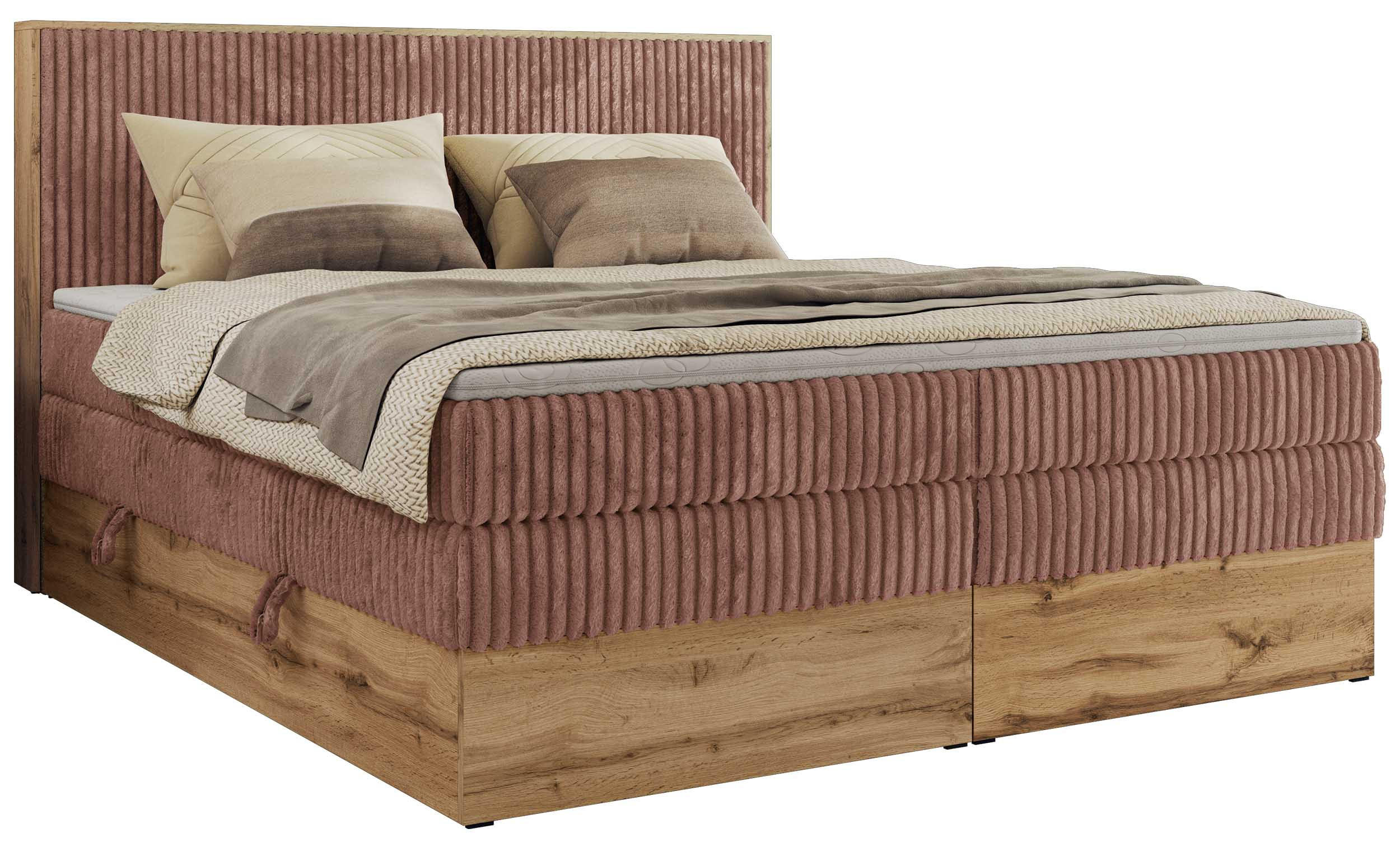MKS POSTEL BOXSPRING WOOD CLASSIC KING 140/200 - Světle růžová Manšestr - H3