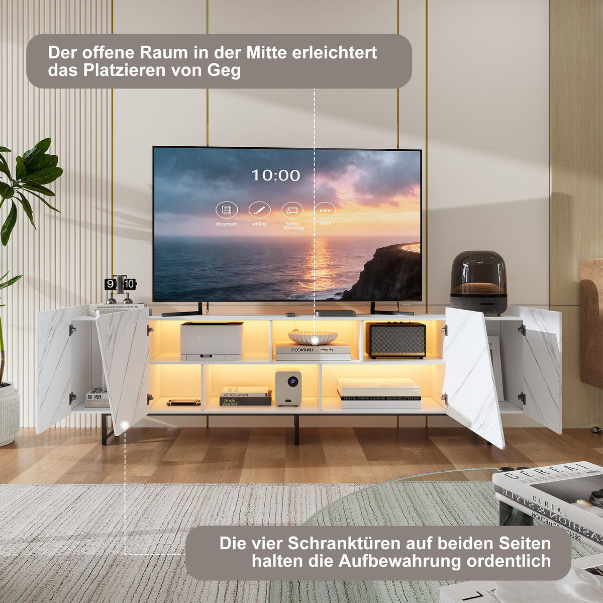 TV LOWBOARD 220 cm Marmoroptik LED Stauraum weiß - Weiß, Holz (220/67.7/34.5cm) - LEBENLANG