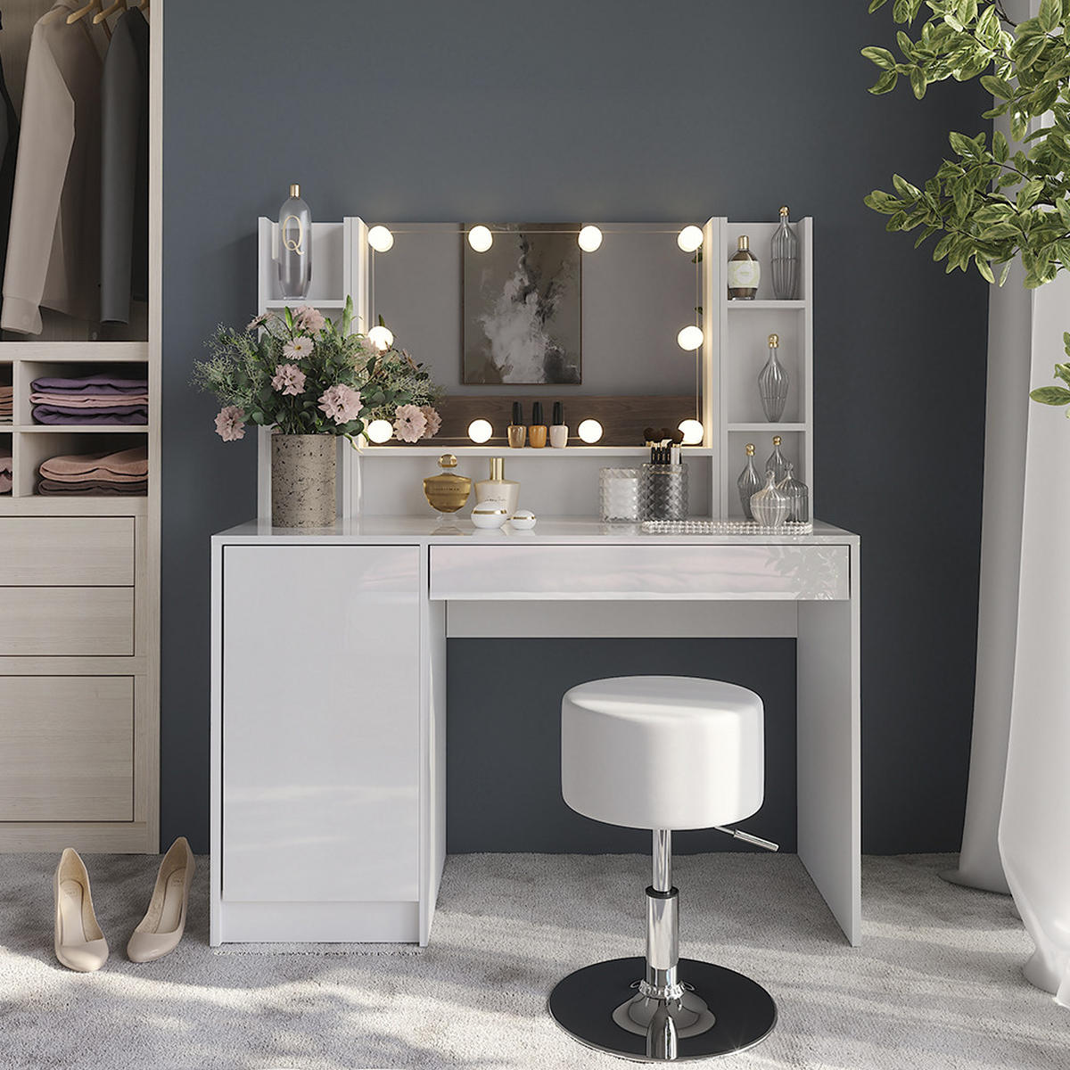 SCHMINKTISCH Sherry Weiß/Weiß Hochglanz 119.8 cm 5 Teile - Weiß Hochglanz, Holzwerkstoff (119.8/76/50.1cm) - Vicco