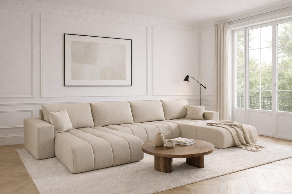 ECKSOFA mit schlaffunktion und bettkasten MILO U PREMIUM, stoff WIND, Beige - Beige, Holz (384/190cm) - Kaiser Möbel