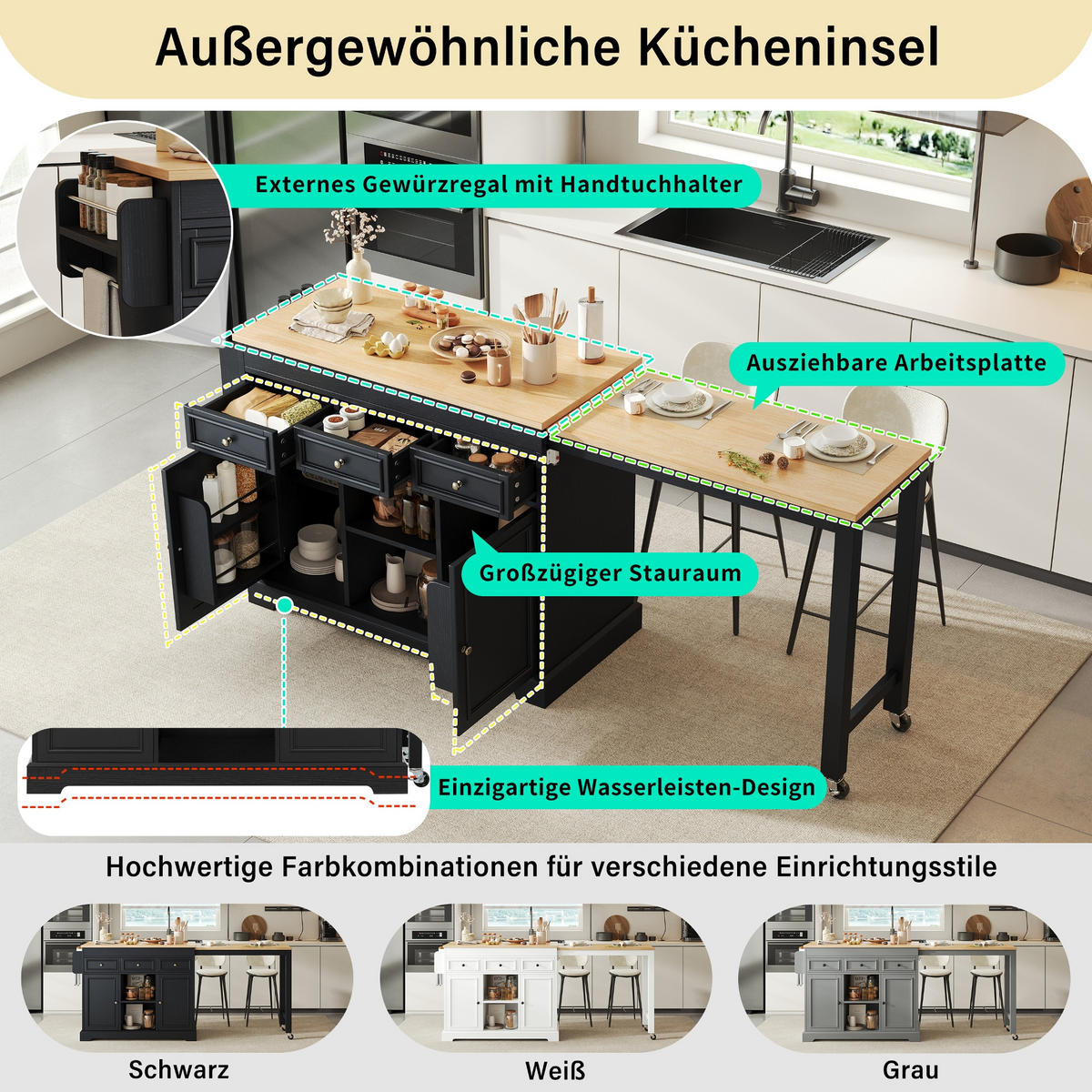 KÜCHENINSEL 112-188/45/92 cm Schwarz mit 3 Schubladen, Gewürzregal und Rollen - Schwarz, Holz (45/92/124.3cm) - Oxeza