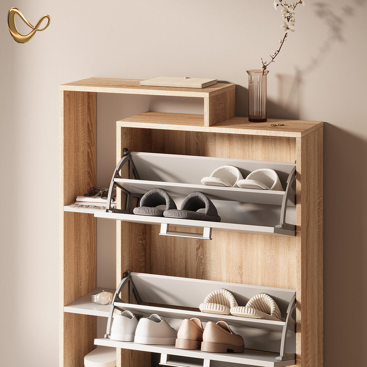 SCHUHKIPPER Ortello Weiß/Sonoma 80 x 128.3 cm mit 3 Fächern - Weiß/Sonoma Eiche, Holzwerkstoff (80/128.3/24.2cm) - Livinity®