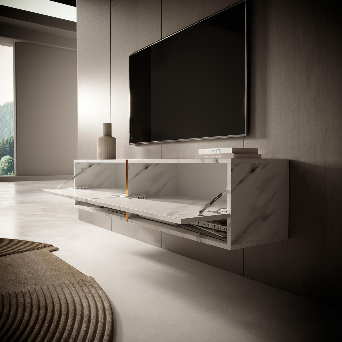 TV-SCHRANK Mirrgo weiße Marmor-Optik 140 cm - Weiß, Holzwerkstoff (140/30/31.6cm) - Selsey