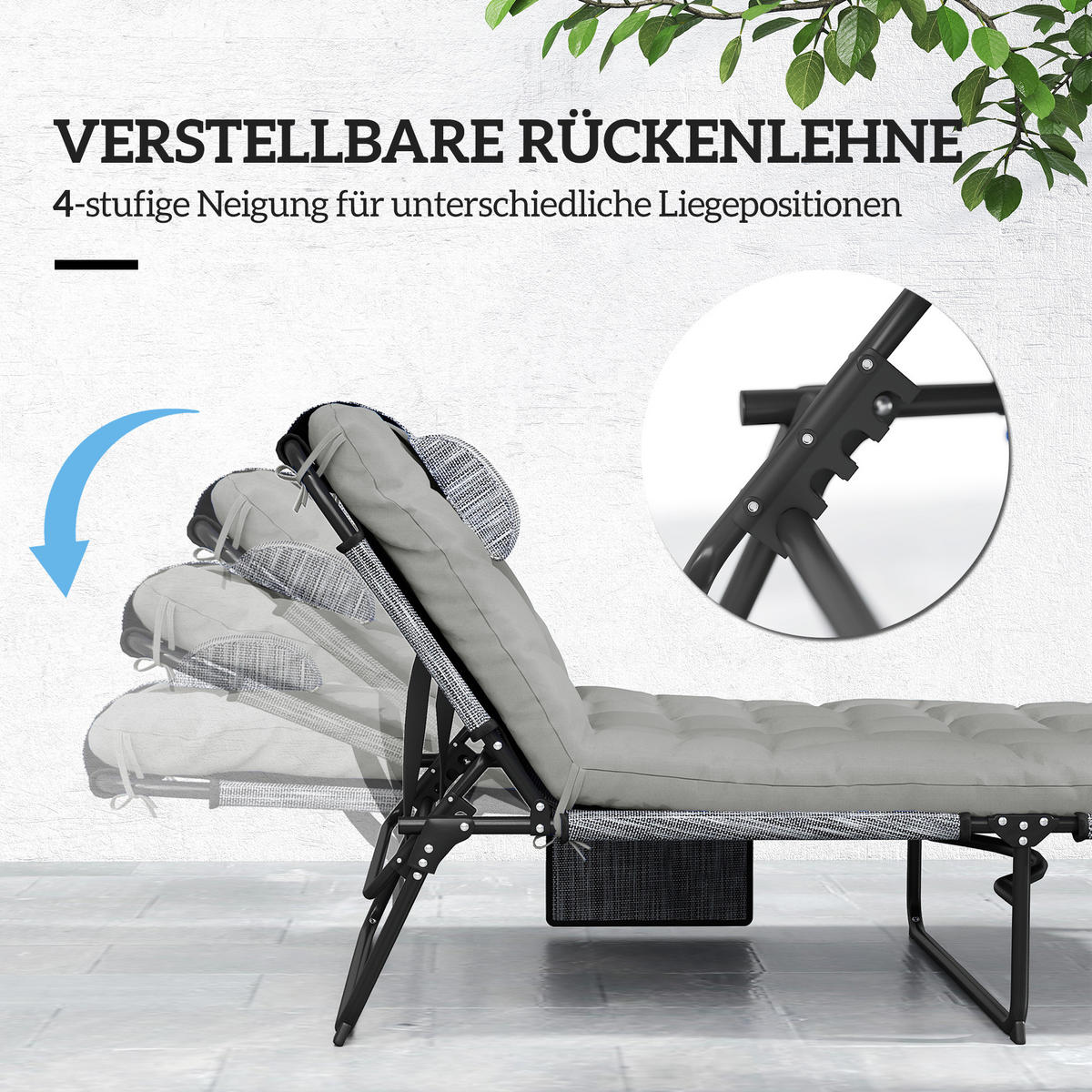 CAMPINGLIEGE, Klappbett mit Kopfkissen, verstellbarem Rückenlehne, Stahl, Grau - Grau, Metall (189/33/68cm) - Outsunny