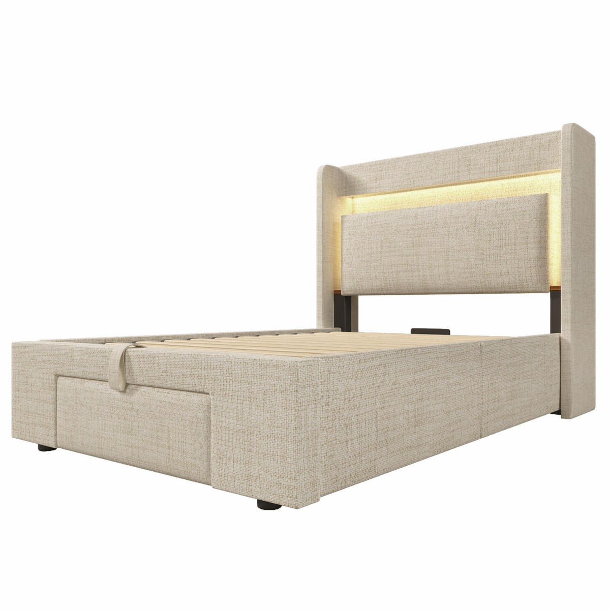 POLSTERBETT aus Leinen 90x200 cm in Beige mit LED, USB-C & Stauraum - Beige, Textil (90/200cm) - Modfu