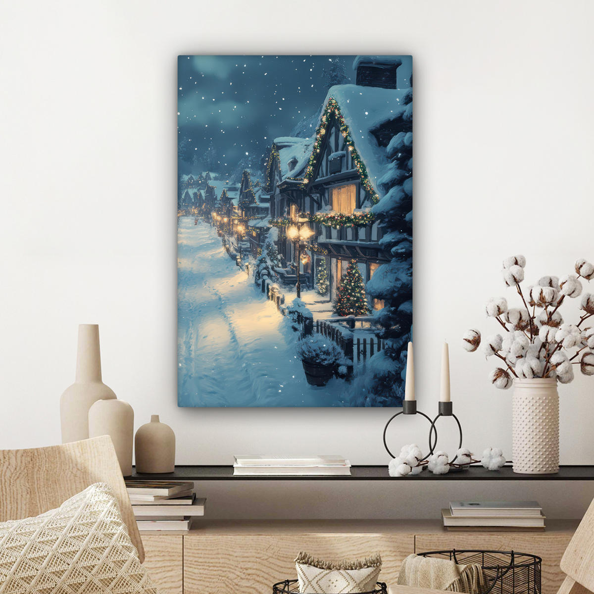 LEINWANDBILD Weihnachtsdorf - Weihnachten - Schnee - Winter Wanddeko 40x60 cm - Dunkelblau, Textil (40/60cm) - MuchoWow