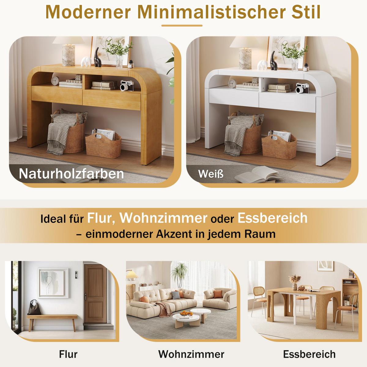 KONSOLENTISCH aus MDF 120x35,5x76,5 cm Natur mit 2 Schubladen, offenen Fächern und verstellbaren Füßen - Naturfarben, Holzwerkstoff (35.5/120/76.5cm) - Modfu