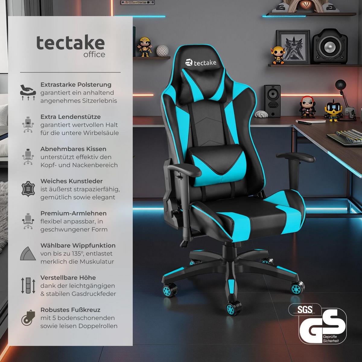 RACING-GAMINGSTUHL Twink,Belastbarkeit 120 kg,schwarz/azur - Schwarz/Hellblau, Textil (68/125/69cm) - tectake