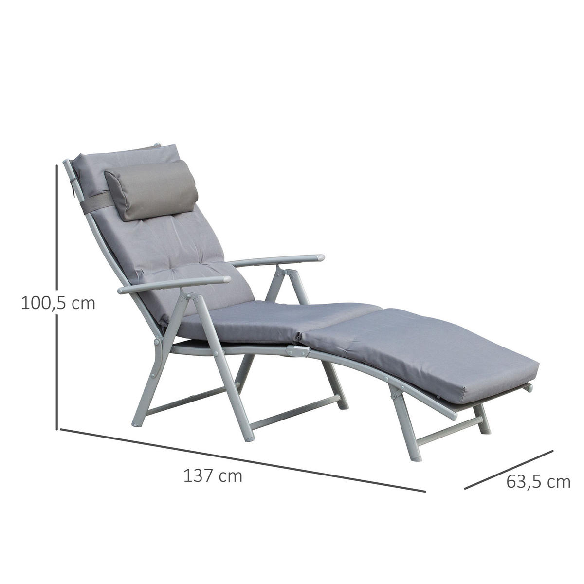 SONNENLIEGE, verstellbar, 137 x 63,5 x 100,5 cm, Metall, Stoff, Grau - Grau, Kunststoff (137/5/63cm) - Outsunny
