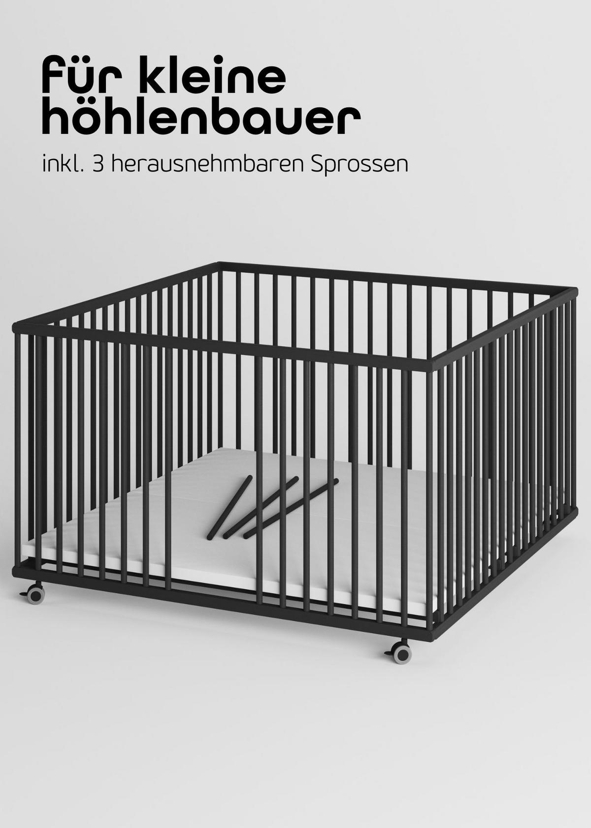 LAUFGITTER 120x120 cm mit Matratze & Schlupfsprossen - Black Edition - Premium Kollektion - Schwarz, Holz (120/74/120cm) - Sämann – make a difference.