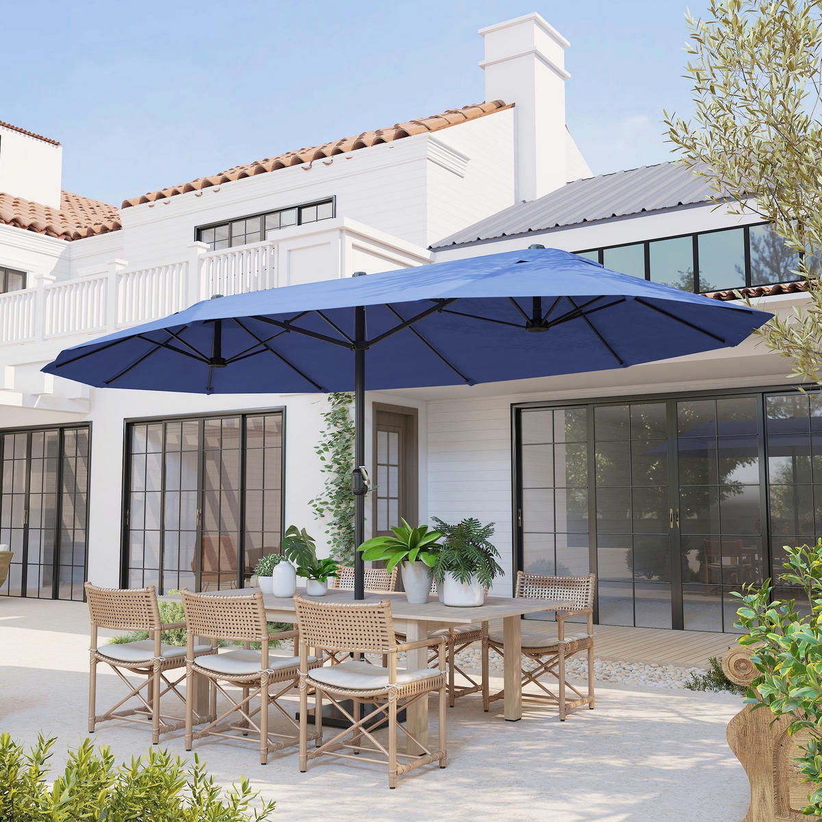 SONNENSCHIRM, Gartenschirm, Marktschirm, Doppelsonnenschirm, Terrassenschirm, Blau, Oval - Blau, Metall (270/460cm) - Outsunny