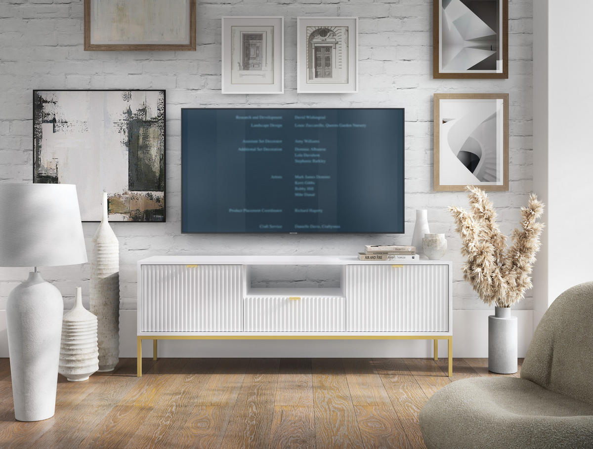 TV-SCHRANK NOVA Geriffelt Regal, 2 Türen, Schublade, Goldene Beine, 154x39x56cm, Weiß - Goldfarben/Weiß, Holzwerkstoff/Kunststoff (154/56/39cm) - DomoHome