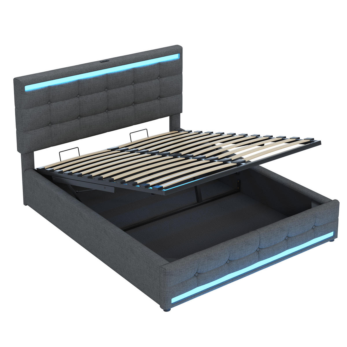 POLSTERBETT 140/200 cm grau mit LED-Beleuchtung und Stauraum - Grau, Textil (140/200cm) - OKWISH