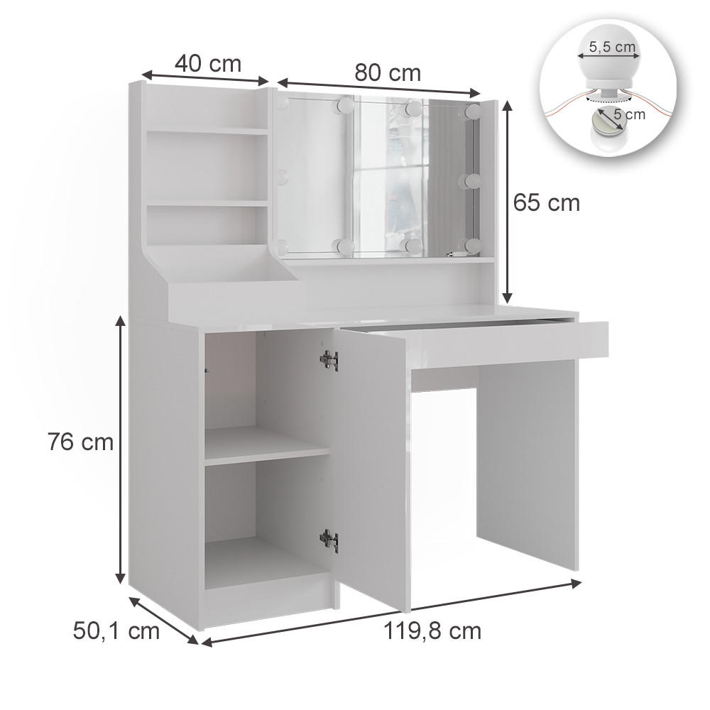 SCHMINKTISCH Sherry Weiß/Weiß Hochglanz 119.8 cm 4 Teile - Weiß Hochglanz, Holzwerkstoff (119.8/76/50.1cm) - Vicco